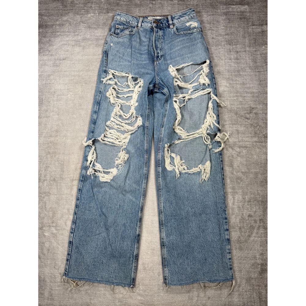 Garage Jeans Womens 7/28 Blue Denim Wide Leg Distressed Shredded High Rise Baggy